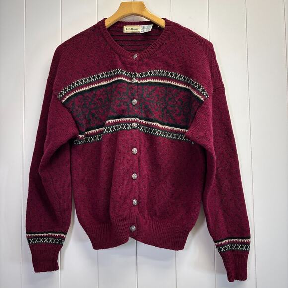 Vintage LL Bean Womens Academia Preppy Birdseye Cardigan Sweater Size L Hipster - Picture 1 of 7